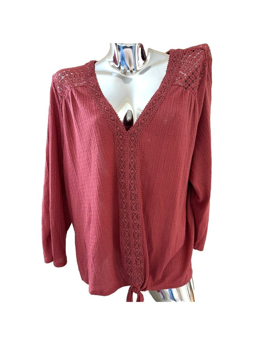 Absolutely Famous Women's Waffle Knit Top Size 2X Rose Crochet Trim Boho NWT